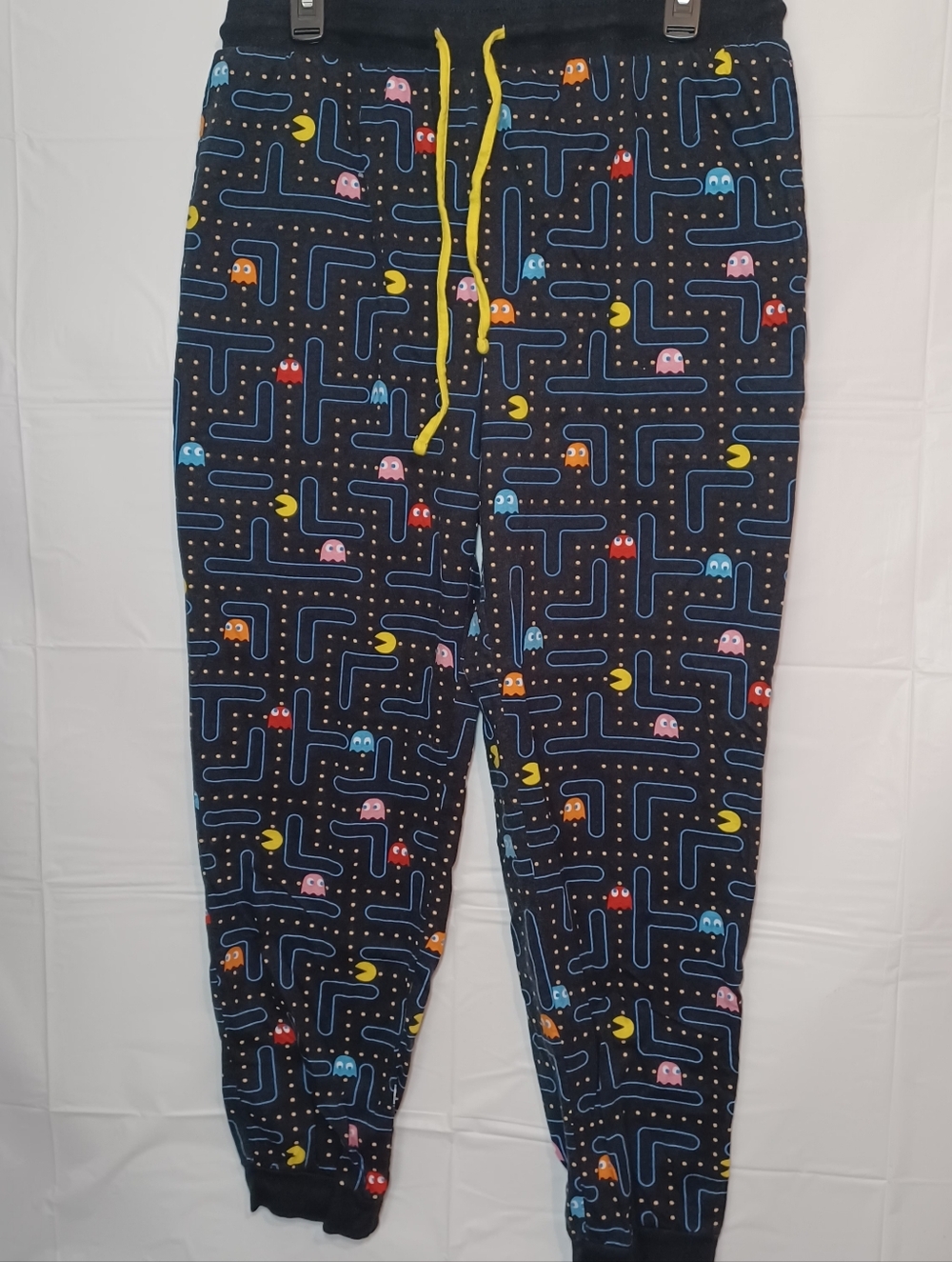 Retro Arcade Pac-Man Jogger Pants - Black with Multicolor Print Has Pockets.